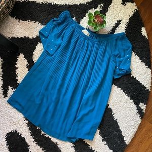 Michael Michael Kors Pleated Blue Blouse Rhinestone Sleeve Medium